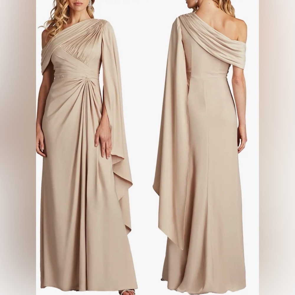 NWOT Tadashi Shoji Ember One-Shoulder Draped Gown champagne beige Sz 10